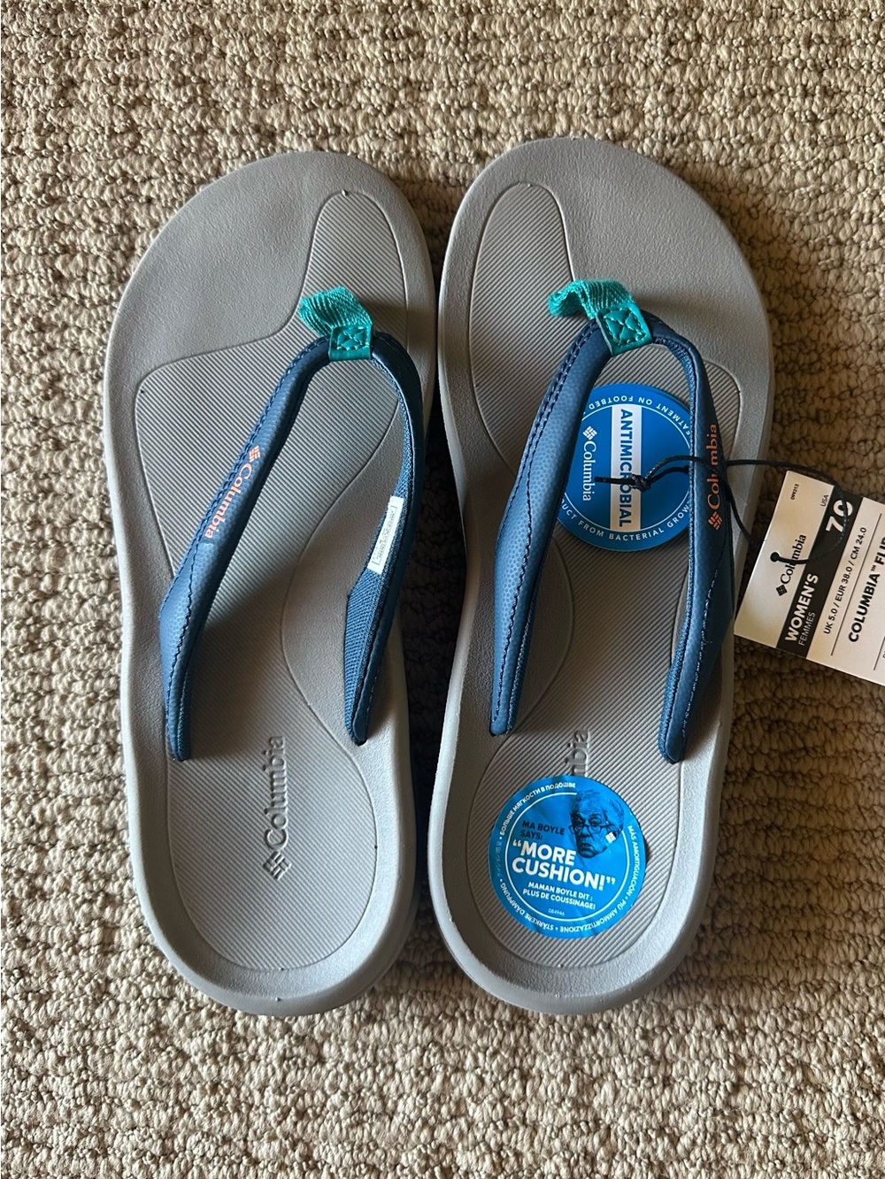 Columbia Grey Flip Flops with Navy and Teal Accents